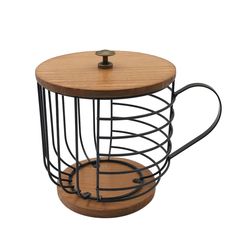 a wooden and metal coffee cup holder