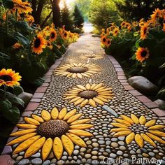 a stone pathway with sunflowers painted on it