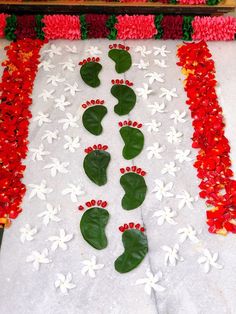 flowers and leaves are arranged in the shape of footprints on a white surface with red trimmings