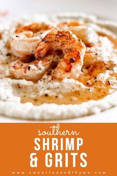 shrimp and grits on a plate with text overlay that reads southern shrimp and grits