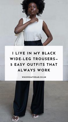 How To Style Baggy Trousers, Black Trouser Outfit Ideas Women, Black Wide Leg Pants Work Outfit, Casual Black Trouser Outfit For Women, Flared Black Trousers Outfit, Black Trousers Outfit Plus Size, Wide Leg Trousers Outfit Spring, Black Trousers With Sneakers, Black Wide Leg Corduroy Pants Outfit