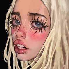 a digital painting of a blonde woman with freckles on her face and nose