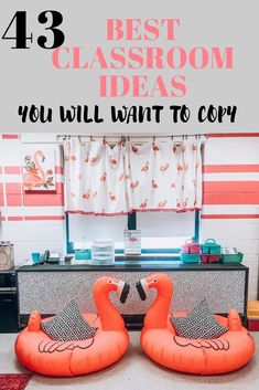 two flamingos sitting in front of a dresser with the words best classroom ideas you will want to copy