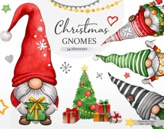 watercolor christmas gnomes with presents and gifts