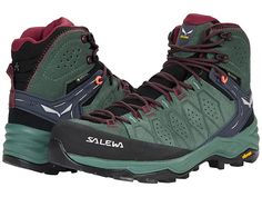 SALEWA Alp Trainer 2 Mid - Women's Shoes : Duck Green/Rhododendon : Take the weekend to new heights with the SALEWA Alp Trainer 2 Mid. Outside elements don't stand a chance as this shoe has supportive and breathable materials for traction while climbing, hiking or any adventure and is essential footwear to have for multiple environments. Suede and PU coated leather upper offers exceptional durability. Vibram hike approach sole effortlessly grips rock and dirt. Versatile hiking boot that doubles Duck Green, Hiking Boot, Leather Coat, Product Reviews, The Weekend, Hiking Boots, Women's Shoes, Leather Upper, Hiking