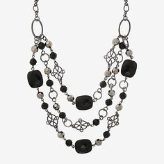 A medley of black and grey and jet tone beads in a variety of shapes and sizes adorn three layers of black chains layered necklace to create this stylish and unique accessory. A fabulous piece that goes great with any outfit.Bead Type: AcrylicIncluded: 1 Necklace(s)Jewelry Closure: Lobster ClaspLink Construction: SolidMetal Color: BlackChain Length: 18 InchChain Construction: FigaroCare: Wipe CleanMetal: AlloyNecklace Type: Beaded NecklacesCountry of Origin: Imported Chains Layered, Black Gemstone Necklace, Beaded Necklace Black, 3 Layer Necklace, Refined Fashion, Hope Necklace, Diy Jewelry Projects, Cameo Jewelry, Color Necklace