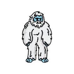 an embroidery design of a bigfoot with blue eyes and hands on his chest, standing in