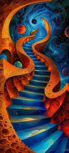 an artistic painting with stairs and planets in the background