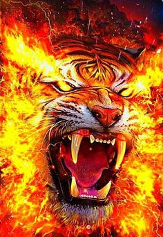 a tiger with its mouth open and it's teeth wide open in front of fire