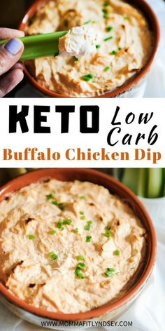 two images showing how to make keto low carb buffalo chicken dip with celery