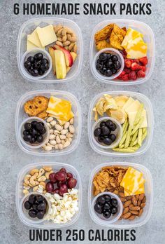 six plastic containers filled with different types of snacks and nuts, including apples, grapes, bananas