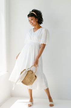 'Pearl' Eyelet Detail Cotton Midi Dress in White Summer Eyelet Midi Dress, Spring Eyelet Midi Dress, Spring Cotton Midi Dress With Lace Trim, Chic Eyelet Midi Dress, Feminine Midi Length Eyelet Dress, Feminine Midi-length Eyelet Dress, Chic Cotton Midi Dress With Broderie Anglaise, Summer Beach Eyelet Midi Dress, Summer Beach Midi Dress With Eyelet Details