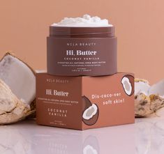 Hi, Butter is an ultra hydrating, velvety soft body butter made with all natural ingredients. It’s nourishing formula is enriched with natural butters and oils like shea butter, mango butter, and hempseed oil that soften, smooth and firm skin, leaving long-lasting hydration and improved skin texture. Scent: Warm coconut with hints of sweet vanilla Body Butter Packaging, Ncla Beauty, Vanilla Body Butter, Fruit Peel, Exfoliating Body Scrub, Beauty Products Photography, Shea Body Butter, Organic Shea Butter, Mango Butter