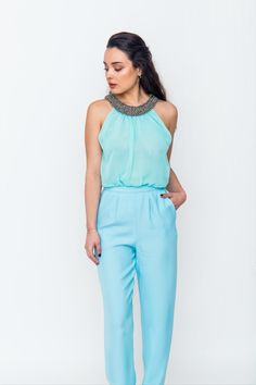 ELEGANT JUMPSUIT OUTFIT FOR WEDDING OR OTHER ELEGANT OCCASION.  Amelia is an elegant and light jumpsuit with chiffon top and cady trousers with pockets. Jewel necklace detail. Very classy and stylish!  #ElegantJumpsuit #JumpsuitOutfit #ElegantStyle #Style #WomanPartyOutfit #PartyOutfit #PartyDress #SummerWeddingOutfit #WeddingOutfit #WeddingGuestOutfit #HandmadeItalianFashion #ItalianHauteCouture #ItalianFashion #MadeInItaly #HandmadeDress #MilanFashion    Check out the full collection!