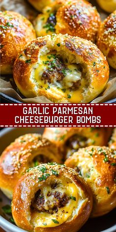 Take your burger game to the next level with these Garlic Parmesan Cheeseburger Bombs! Soft, golden dough is stuffed with juicy cheeseburger filling and coated in a savory garlic parmesan butter. Perfect for game day, party appetizers, or a fun twist on a classic dinner. #cheeseburgerbombs #garlicparmesan #easyrecipes #partyfood #comfortfood Keto Cheeseburger Bomb, Bacon Cheeseburger Garlic Balls, Garlic Parmesan Cheeseburger, Stuffed Dough Balls, Garlic Parm Cheeseburger Bites, Garlic Parmesan Cheeseburger Balls, Weight Watchers Cheeseburger Bomb, Football Game Day Recipes, Quick Game Day Food