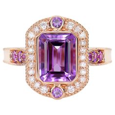 Presented A stunning variety of amethyst gemstones for those who respect quality and wish to wear them on any occasion or everyday basis. The rose gold amethyst fancy ring, embellished with diamonds, has a timeless and exquisite appeal. Amethyst Fancy Ring in 14Karat Rose Gold with White Diamond. Amethyst: 2.20 carat, 9X7mm size, octagon shape. Amethyst: 0.16 carat, 2.00mm size, round shape. Amethyst: 0.02 carat, 1.50mm size, round shape. White Diamond: 0.05 carat, 1.40mm size, round shape, G color, VS clarity. White Diamond: 0.15 carat, 1.20mm size, round shape, G color, VS clarity. Gold: 5.18g, 14Karat Rose Gold. R1709 Luxury Purple Amethyst Ring With Halo Setting, Luxury Amethyst Ring Emerald Cut, Luxury Emerald Cut Amethyst Ring, Luxury Rose Gold Amethyst Ring With Center Stone, Elegant Rose Gold Multi-stone Amethyst Ring, Luxury Lavender Amethyst Ring With Center Stone, Luxury Lavender Amethyst Ring For Anniversary, Elegant Lavender Multi-stone Amethyst Ring, Luxury Rose Gold Amethyst Ring With Prong Setting