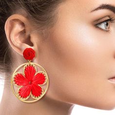 Red Raffia Flower Round Earrings Flower Detail, Round Earrings, Vintage Wear, Wholesale Jewelry, Red Floral, Flower Earrings, Red Gold, Custom Jewelry, Vintage Collection