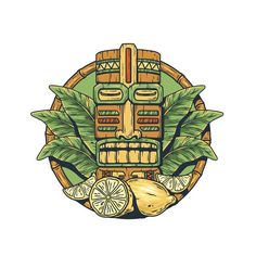 a tiki mask surrounded by tropical leaves and lemons on a white background illustration