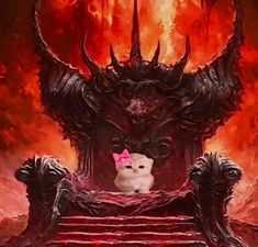 a white cat sitting on top of a throne in front of a red and black background