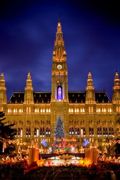 a large building with christmas lights around it