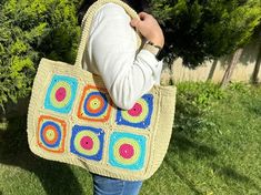 Personalized Crochet Raffia Granny Square Tote Bag Straw Beach Bag Woven Shoulder Summer Bag Boho XLARGE Bag - Etsy Multicolor Jute Crochet Bag For Shopping, Square Crochet Bag For Beach Travel, Square Crochet Bag For Beach Season Travel, Square Crochet Bag For Travel And Beach Season, Eco-friendly Square Crochet Bag For Beach Season, Eco-friendly Square Crochet Bag For Vacation, Crochet Rectangular Shoulder Bag For Beach Season, Beach Season Crochet Rectangular Shoulder Bag, Bohemian Square Beach Bag For Beach Season