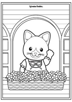 a coloring page with an image of a cat in a basket and flowers on the ground