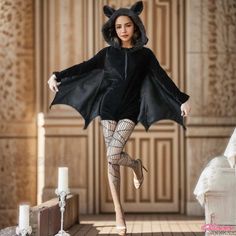 Qteee - Stylish Black Bat Ear Hooded Zipper Romper Shorts Black Gothic Costume For Winter, Gothic Black Costume For Winter, Stretch Black Costume For Costume Party, Black Stretch Costume For Costume Party, Black Long Sleeve Costume For Fall, Black Long Sleeve Fall Costume, Black Vampire Costume For Winter, Black Hooded Costume For Winter, Black Hooded Winter Costume