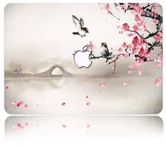 an apple laptop with pink flowers and birds flying over the water in front of it