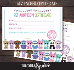 the printable pet adoption certificate is shown on top of two envelopes, one with