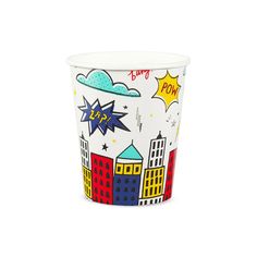 a paper cup with an image of buildings and stars on the outside, in white background