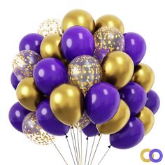 a bunch of purple and gold balloons with confetti