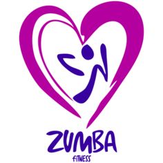 the logo for zumba fitness is heart shaped with a man in purple and blue