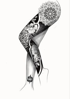 a black and white drawing of a woman's leg with flowers on her legs