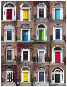 many different colored doors are on the side of a building