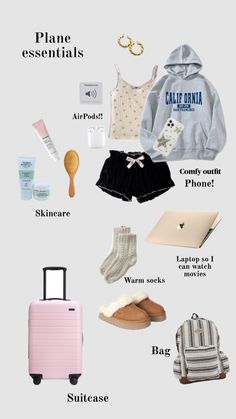 the contents of a travel bag including clothing, shoes and other things to pack for a trip