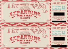 two red and white ticket for an event with the words expoing whitman on it