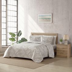 a bedroom with a bed, nightstands and plants on the side table in front of it