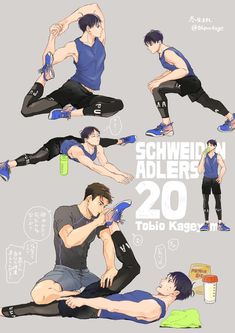 an anime character doing different poses for the camera, with text above it that reads schwein adlers 20 toto kage