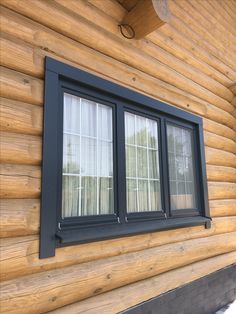 two windows on the side of a log cabin