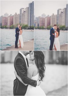 a bride and groom kissing by the water in front of tall buildings at their wedding