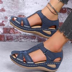 Category:Sandals; Upper Materials:Faux Leather; Embellishment:Embroidery; Season:Summer; Heel Type:Wedge Heel; Gender:Women's; Toe Shape:Round Toe; Style:Casual,Elegant,Minimalism; Heel Height(inch):3-4; Outsole Materials:PU; Occasion:Beach,Outdoor,Daily; Closure Type:Magic Tape; Pattern:Solid Color; Listing Date:03/21/2023; Production mode:External procurement; 2024 Trends:Wedge Sandals,Platform Sandals; Foot Length:; Foot Width:; SizeChart1_ID:2:179956; Size chart date source:Provided by Suppl Peep Toe Wedge Sandals, Women Platform Sandals, Crochet Sandals, Sandal Platform, Platform Wedge Sandals, Sport Sandals, Casual Sandals, Styl Vintage, Blue Shoes