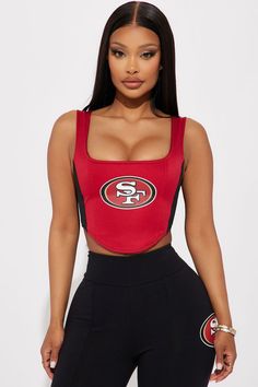 Available In Red/Black. Corset Square Neck Sleeveless 49ers Graphic Front And Back Screen Lace Up Back Cropped Disclaimer: Due To The Printing Process A Difference In Saturation May Occur. Each Garment Is Unique. Shell: 100% Polyester Lining: 95% Polyester 5% Spandex Imported | 49ers Halftime Show Corset Top in Red/Black size Small by Fashion Nova Cropped Workout Top, Corset Outfit, Halftime Show, Black Corset, Graphic Tees Women, Corset Top, Workout Tops, Top Tee, Womens Clothing Tops