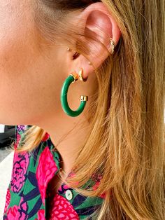 Elevate your style with our mini 1-inch Hoo Hoops Minis-Kelly Green! These lightweight and colorful earrings are sure to make a statement, adding a pop of personality to any outfit. Crafted in Nashville by women-owned fashion jewelry brand Hoo Hoops, these hoops are comfy enough for all-day wear. Hoo yeah! Trendy Green Drop Earrings, Trendy Earrings For Spring, Trendy Single Earring Jewelry For Spring, Trendy Summer Earrings For Everyday, Trendy Single Earring For Spring, Trendy Everyday Earrings For Summer, Trendy Green Earrings For Spring, Trendy Single Hoop Earring For Summer, Trendy Adjustable Drop Clip-on Earrings