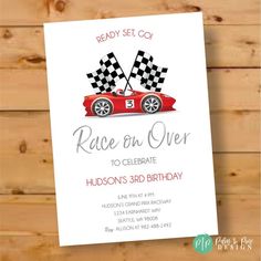 a race car birthday party card with the words race on over to celebrate hudson's 3rd birthday