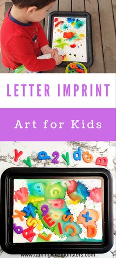 a young boy is playing with letters and numbers on a tabletop, while the text reads letter imprint art for kids