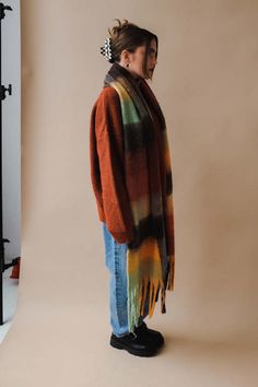 Super soft chunky brown orange red toned plaid colorful scarf.    69 inches long.    pipe and row Rita Row, Long Pipe, Camel Sweaters, Colorful Scarf, Mohair Sweater, Brown Orange, Lookbook Outfits, Winter Wear, Women Pullover