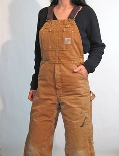 Faded Camel Lined Overalls / Vintage 1980s Distressed Camel | Etsy Brown Utility Overalls For Fall, Vintage Brown Cotton Overalls, Tan Overalls Outfit, Carhartt Overalls Outfit, Carhartt Women's Outfit, Carhartt Pants Women's, Flared Overalls, Farmer Overalls, Floral Palazzo Pants