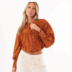 Free People Hailey Striped Blouse In “Glazed Ginger”. This Blouse Is Soft, Timeless & Lightweight With Pearlescent Button And Ruffle Detail. Dress Up Or Down. Lovely, Feminine Piece! Chic Orange Cotton Blouse, Trendy Orange Cotton Blouse, Orange Blouse For Fall Day Out, Orange Fall Blouse For Day Out, Orange Tops For Fall Day Out, Trendy Orange Spring Blouse, Trendy Orange Blouse For Spring, Orange Cotton Blouse For Day Out, Chic Orange Fall Blouse