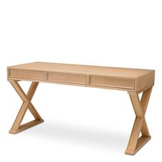 a wooden desk with two drawers on one side and an x - leg design on the other