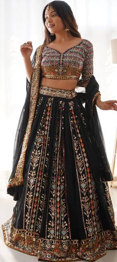 Black and Grey color Lehenga in Faux Georgette fabric with Sequence, Thread work Black Sharara For Reception During Navratri, Black Lehenga With Intricate Embroidery, Traditional Black Lehenga With Intricate Embroidery, Black Sharara With Intricate Embroidery For Reception, Black Choli With Resham Embroidery For Wedding, Black Lehenga With Resham Embroidery, Black Sharara With Resham Embroidery For Reception, Black Bollywood Choli With Intricate Embroidery, Traditional Black Choli With Zari Work